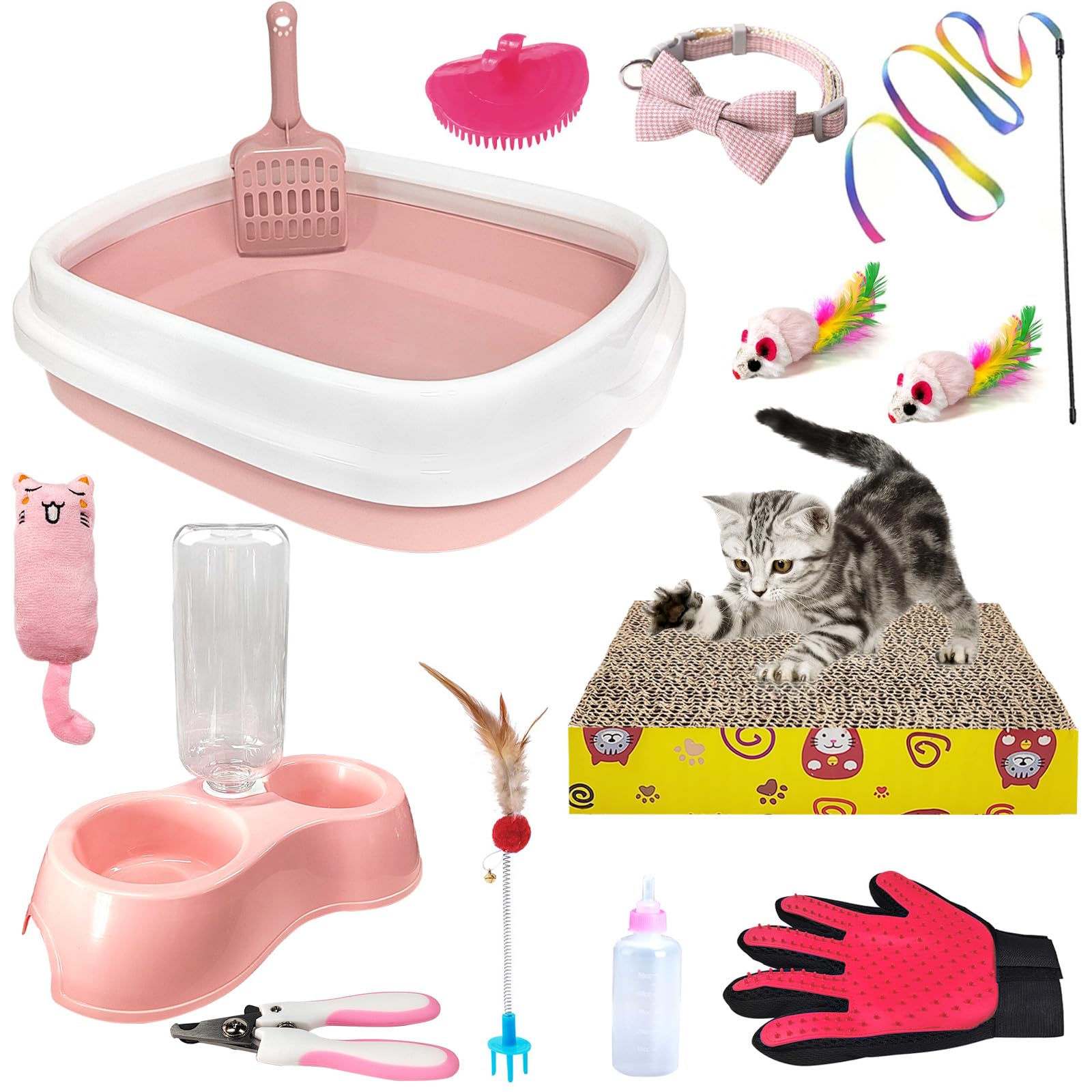 Photo 1 of Hlimior Kitten Starter Kit, 15-Piece Cat Essentials Set Includes Litter Box, Toys, Collars, Scratch Pad, Nail File, Automatic Feed Bowls, Grooming Gloves (Pink)