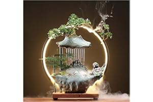 HSINYA Ceramic Buddha Water Fountains Indoor Waterfall with LED 2 Buddhas Mist Water Fountain with Backflow Incense Holder for Feng Shui Strees Relief Wealth-Booming Japanese Decor