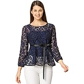 Allegra K Women's Elegant Tie Waist Long Sleeve Top Lace Peplum Blouses