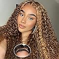 RUI MEI SI Glueless Wigs Human Hair Pre Plucked Pre Cut 4/27 Highlight Ombre Honey Blonde Curly Wigs Human Hair for Beginners 4x4 Deep Wave Lace Closure Glueless Wigs for Black Women 20 Inch
