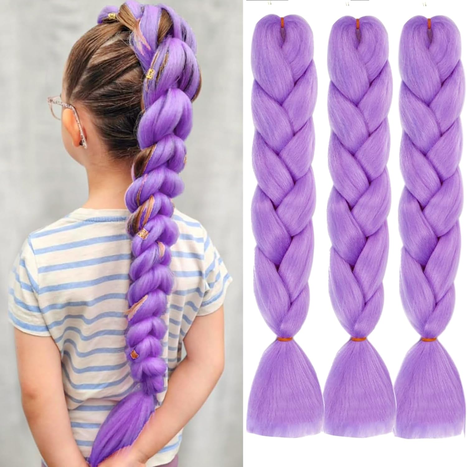 ColorfulPanda 3pcs/pack Hair Extensions for Braiding Crochet Twist Hair Light Purple Color,Yaki Synthetic Easy Jumbo Braids Pre-stretched African Box Braided hair 24inch