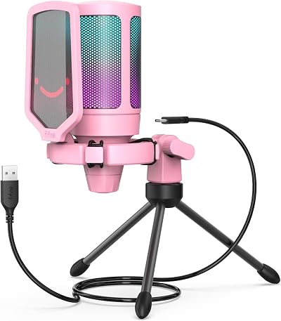 FIFINE USB Gaming Microphone A6V Pink with RGB Tap-to-Mute Pop Filter