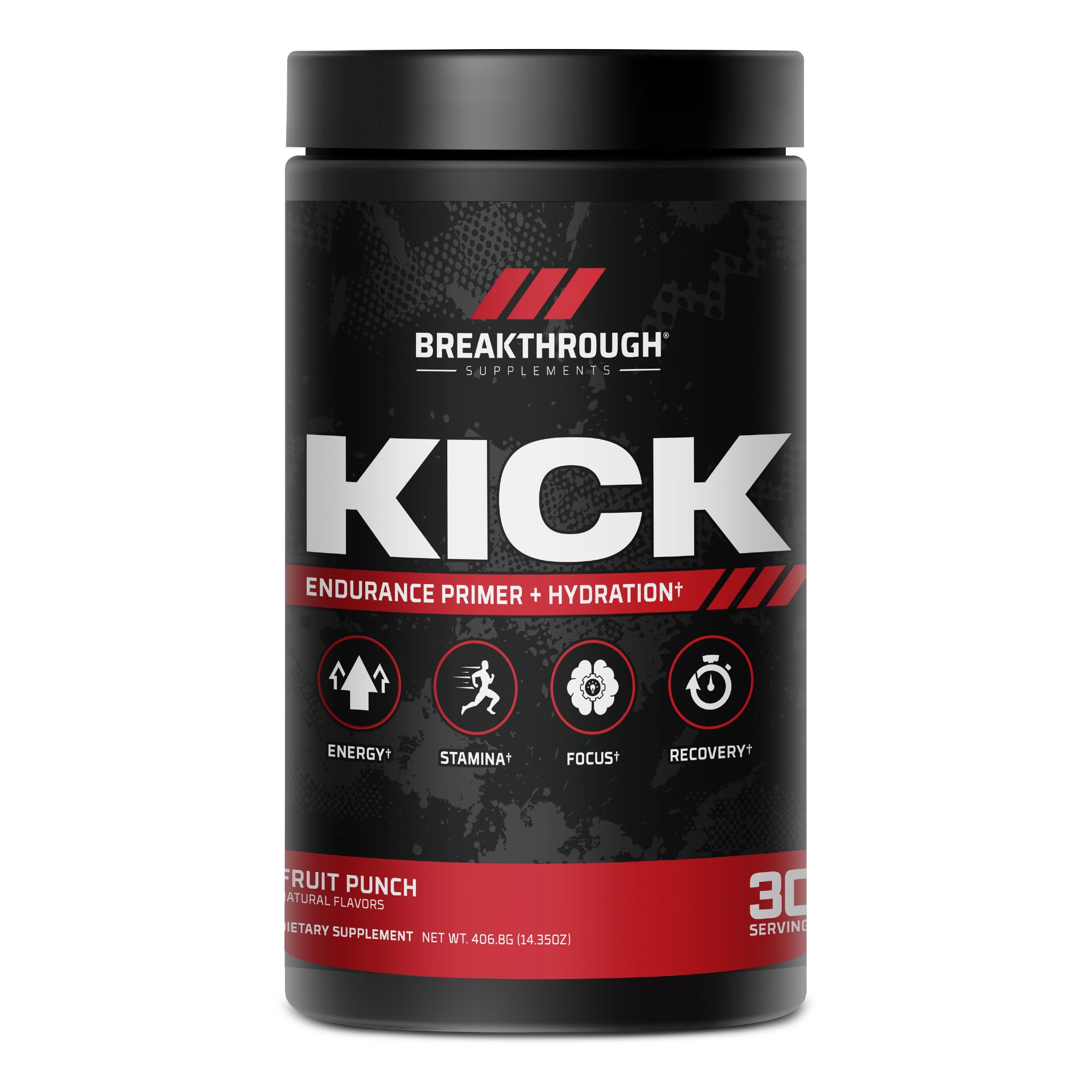 Photo 1 of **BBD 03/2027**BREAKTHROUGH SUPPLEMENTS Kick Endurance Primer | Clean Pre Workout Powder – Smooth Energy, Focus & Stamina with PeakO2®, TeaCrine®, BCAAs, Electrolytes & Natural Caffeine – Fruit Punch, 30 Servings