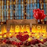 ARIKJ Valentines Day Decorations, Special Night Romantic Decorations - I Love You Light Up Letters Luminary Bags with Bright Flameless Tea Candles and Fake Rose Petals, Happy Anniversary
