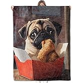 Bidesk Funny Pug Blanket Soft Cozy Flannel Dog Throw Blanket, Warm Yet Lightweight Cute Puppy Eat Fried Chicken Blankets for Travel, Couch, Bed, for Kids Women Adults Men, Outdoor Comfort Wrap 60"×50"
