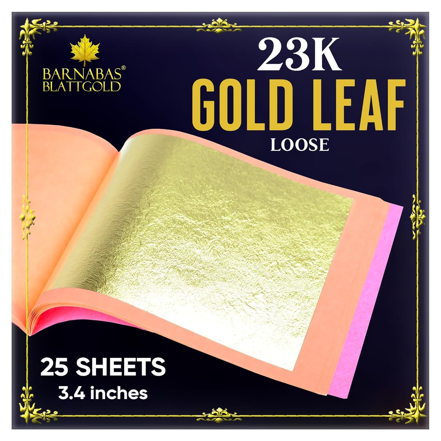 Barnabas Blattgold Gold Leaf - 23K Real Gold [25 Sheets, 3.4 inches] - Loose Sheets for Painting, Arts and Crafts