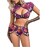 RoseSeek Women's 4 Piece Lingerie Sets Dragon Graphic Mandarin Collar Underwire Bra and Panty Costume Sets