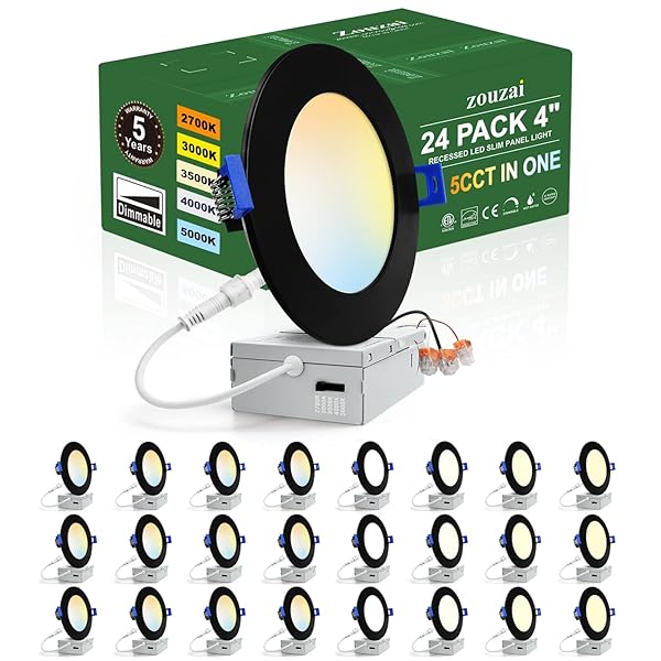 ZOUZAI 24 PACK 4 INCH BLACK 5CCT SELECTABLE ULTRA-THIN LED RECESSED CEILING LIGHT WITH JUNCTION BOX,9W EQV 80W, DIMMABLE, LED CAN LIGHTS – ETL AND ENERGY STAR CERTIFIED