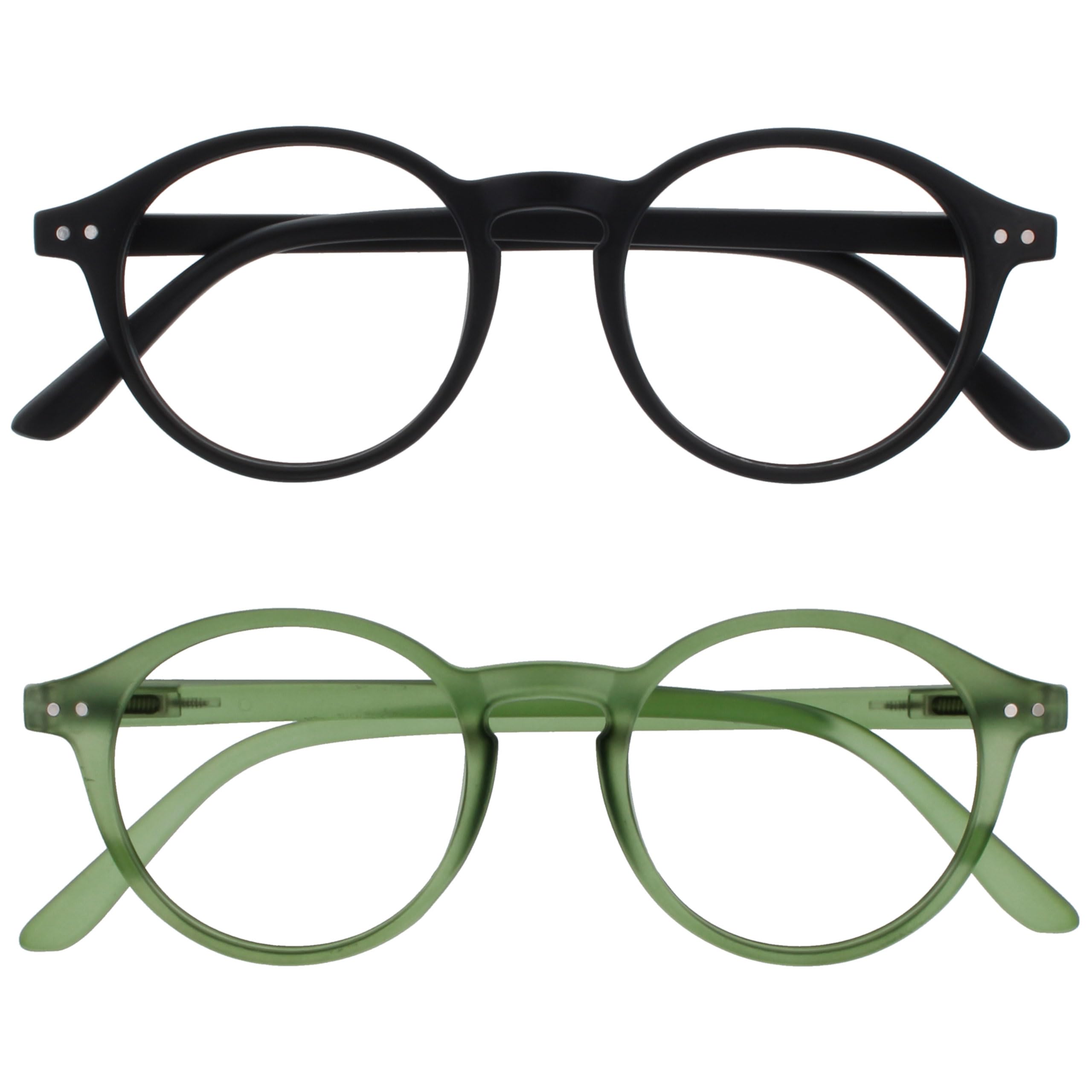 OPULIZE REY Reading Glasses - 2-Pack - Retro Round Frame - Matt Black, Green - Mens Womens - Spring Hinges - RR56-16 - +2.50