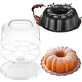 Blushtier 10 Inch Cake Pan Nonstick with 12 Inch Cake Carrier Container for Easy Transportation Carbon Steel Fluted Tube Round Baking Pan Mold for Oven, Jelly Mold, Flan, Gelatin, Chocoflan