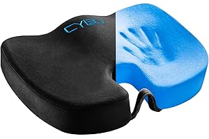 CYLEN Home Office Seat Cushion - Comfort Memory Foam Chair Cushion with Cooling Gel Infused for Tailbone, Coccyx, Back & Sciatica Pain Relief (Black-Blue)