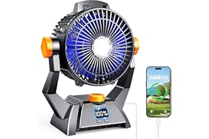 AUIIAH Camping Fan - Rechargeable Portable Battery Powered Camping Fans for Tents with LED Light, Power Display, Timers & 360° Hanging Hook, Ultra Quiet USB Personal Tent Fan for Fishing Travel Home Office