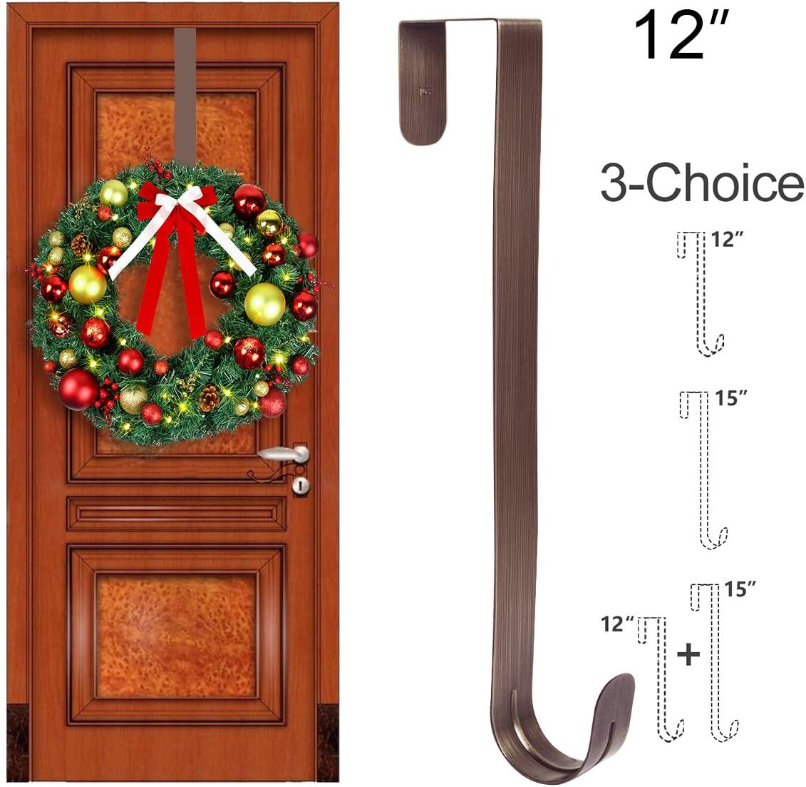 GameXcel 12" Wreath Hanger for Front Door - Large Wreath Metal Hook for Christmas Wreath Over The Door Hanger Bronze: Home & Kitchen