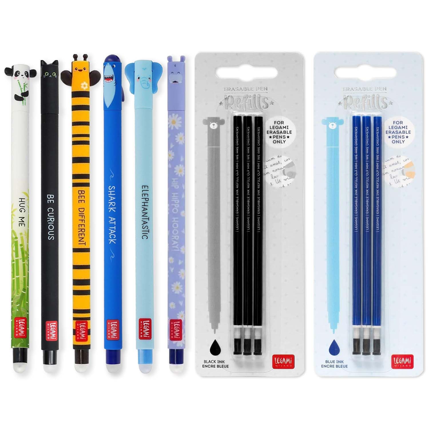 LEGAMI - Set of 6 Erasable Gel Pens + 6 Refills, with Thermosensitive Erase Ink, Black & Blue Ink, 0.7mm Tip, Panda, Cat, Bee, Shark, Elephant, & Hippo Design