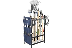 SAMRELAX Garden Tool Rack Freestanding, Heavy Duty Garden Tool Organizer, 3-tier Tool Rack, Multifunctional Yard Tool Storage with Hooks and Storage pockets for Outdoor Long-Handled Broom Shovel Rake