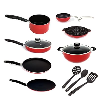 Kumaka Premium Quality 2.6mm Thickness Non-Stick 12pcs Cookware Set with Kadhai, Fry Pan, Tawa, Glass Lid