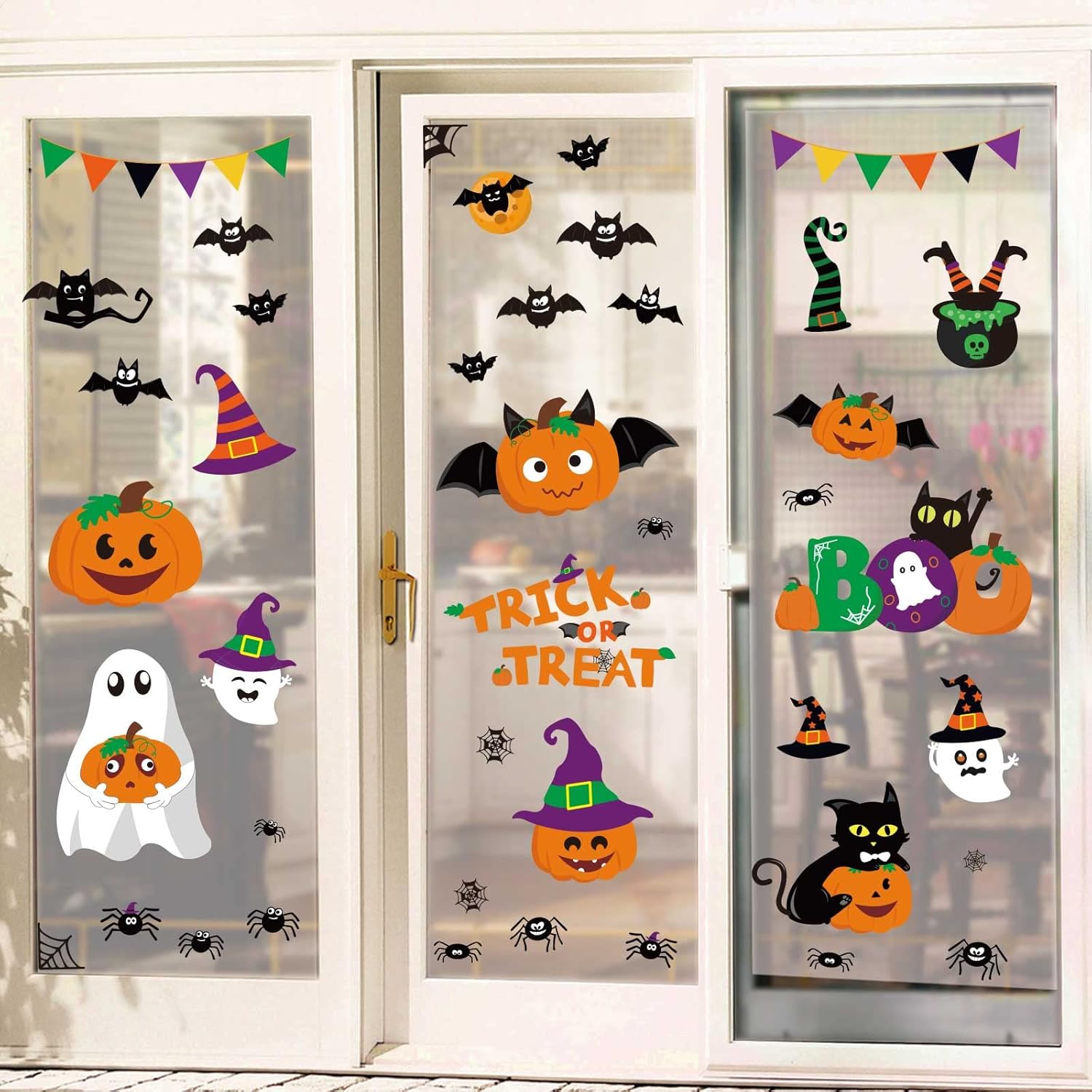 Window Treatments - Ivenf Halloween Decorations Indoor Window Clings Decor, Large Cute Pumpkin Ghost Black Cat Bat Trick or Treat Window Decals for Glass Windows, Kids School Home Office Party Window Stickers, 4 Sheets