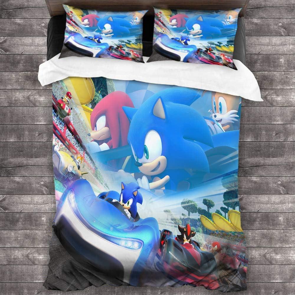 FOCLKEDS Comforter Set Bed Microfiber Duvet Cover Set Sonic Hedgehog Bedding Sonic Dash Bedding (1 Duvet Cover + 2 Pillow Shams) with Soft Comfy Breathable Fade AU Double (180cmx210cm)