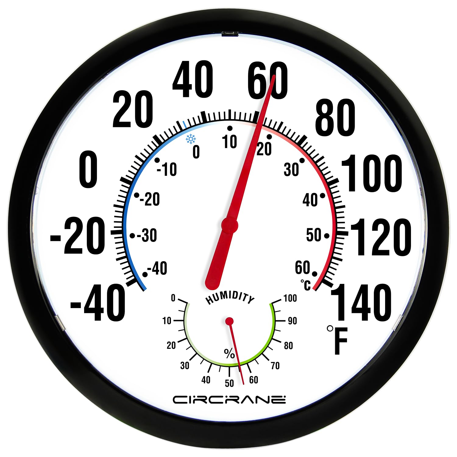 Photo 1 of Circrane 13.25 Inch Round Thermometer with Hygrometer, Large Indoor Wall Patio Bimetal Weather Thermometer, No Battery Required, Black