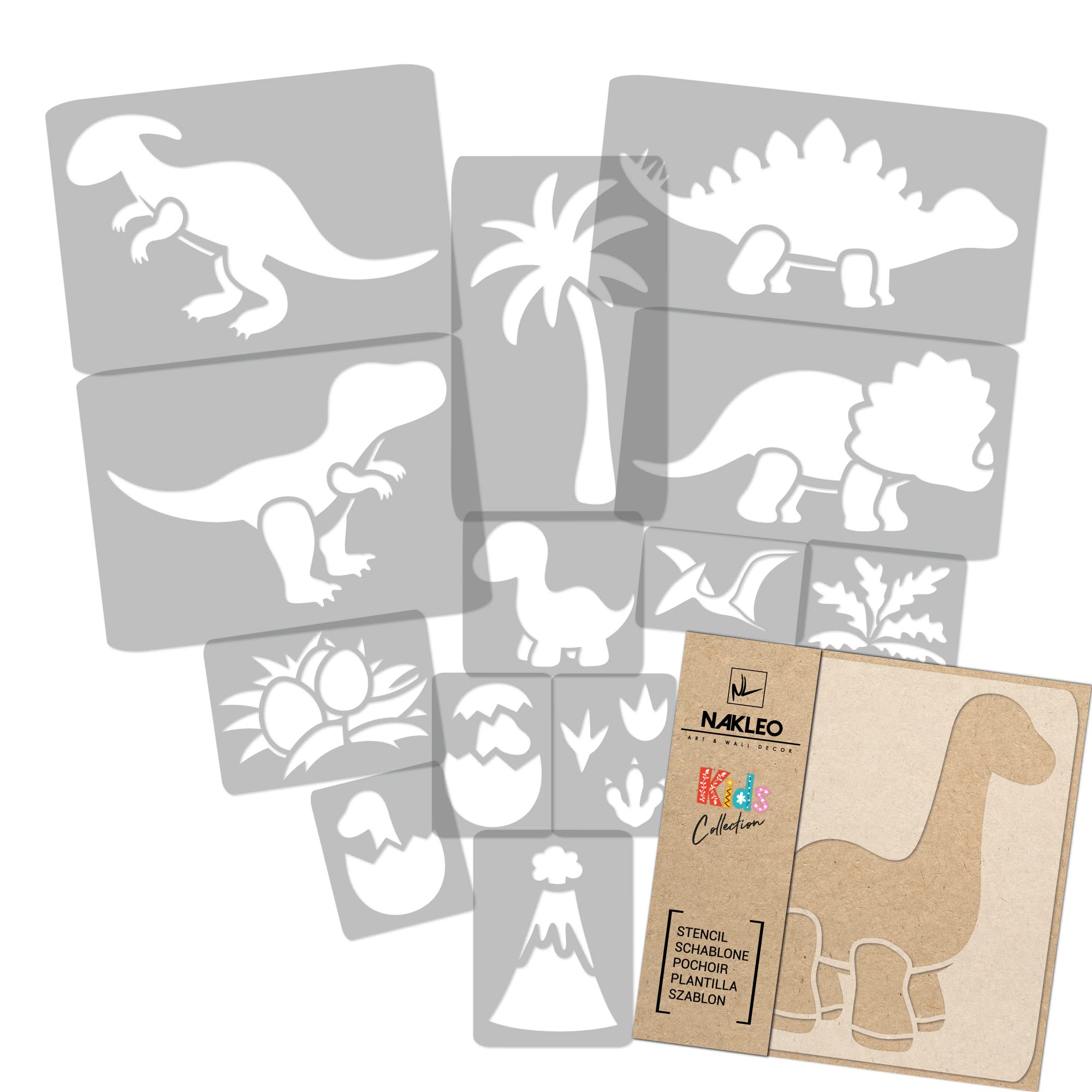 NAKLEO Painting Stencils Set for Kids, 14 Pcs Templates 9x12 to 23x34cm Dinosaur, Plastic and Reusable Drawing Stencils, Children Room Decor, Craft DIY Wall Furniture
