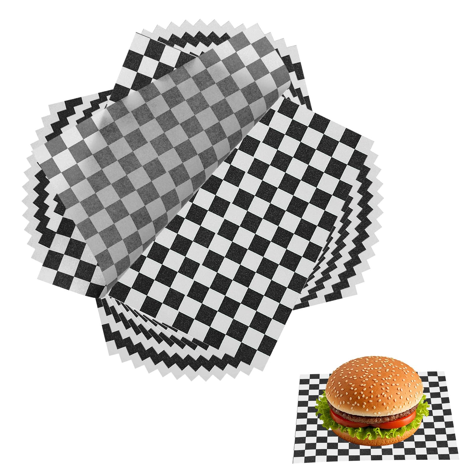 Photo 1 of **used* missing parts** Wax Paper Sheets for Food, 7 x 7 Inch Greaseproof Wrapping Paper Sheets, Checkered Square Food Basket Liners for Sandwich Hamburger Bread, Black