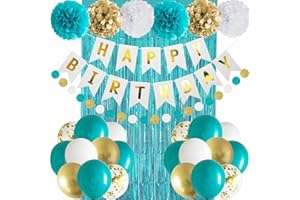 ANSOMO Teal Blue and Gold Happy Birthday Party Decorations Banner Turquoise Aqua Foil Fringe Curtain Tissue Pom Poms Balloons