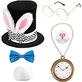 Kavoc 7 Pcs Halloween White Rabbit Costume Include Rabbits Ears Plush Topper Hat,Bunny Nose,Rabbit Clock,Glasses,Bowite and Gloves for Men Women Movie Character Dress Up