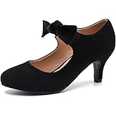 Women's Cute Bow Heels Mary Jane Kitten Heel Pumps Closed Round Toe Low Heels Ankle Strap Wedding Evening Party Dress Office Work Church Shoes
