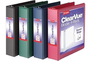 Cardinal 3 Ring Binders, Binders for School and Office, Durable 2 Inch Binder with Round Rings, Holds 475 Sheets, ClearVue Covers, Non-Stick, PVC-Free, Assorted Colors, 4 Pack (29310)