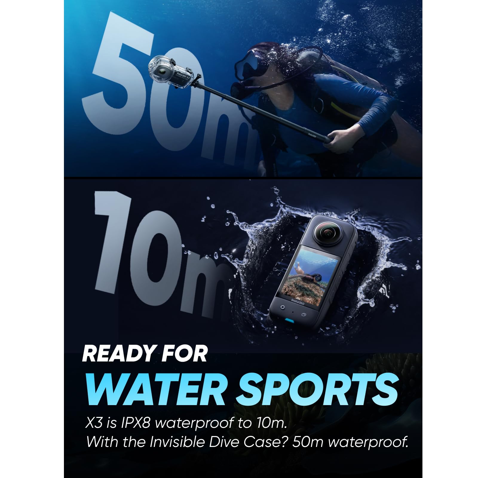 Insta360 X3 Invisible Dive Kit - Waterproof 5.7K 360 Action Camera, Dive Case, Selfie Stick, Dual 1/2