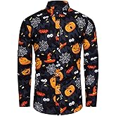 TUNEVUSE Men Halloween Shirts Adult Pumpkin Print Long Sleeve Casual Button Down Shirt Costumes