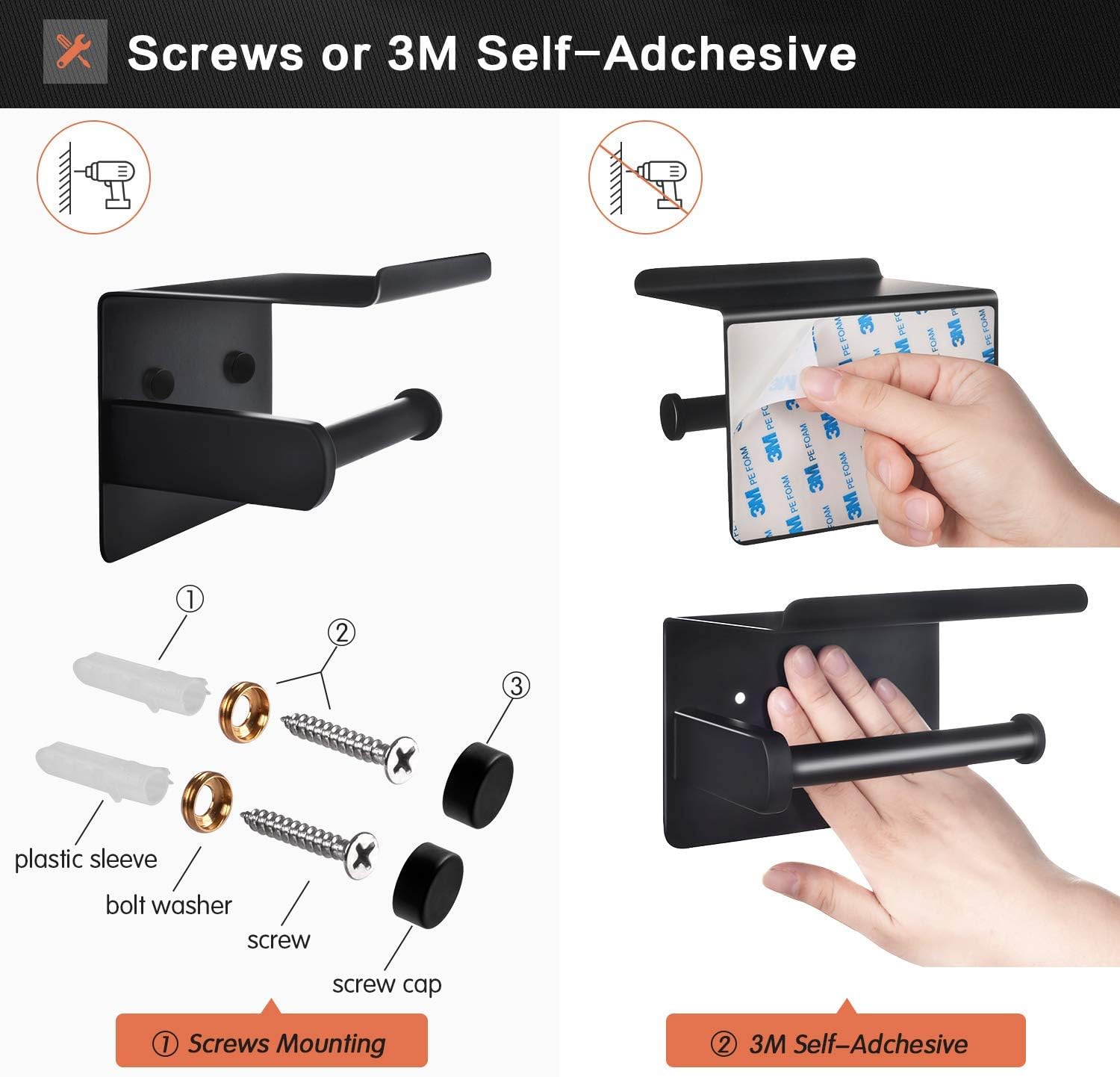 Tindbea Toilet Paper Holder with Shelf + Towel Robe Hooks, Adhesive or Screw Wall Mounted Toilet Paper Roll Holder, Stainless Steel Bathroom Hardware Set (Matte Black): Kitchen & Dining