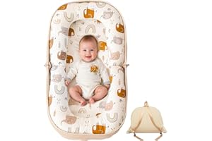 GloTika Baby Lounger, Foldable Infant Nest Pillow with Soft Memory Foam Mat, Cover with Adorable Pattern, Converts to Backpack for Easy Travel, 0-12 Months, White