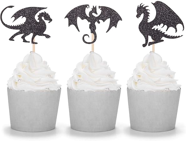 Amazon 24個 ブラック グリッター ドラゴン カップケーキ トッパー ファンタジー パーティー デザート ピック おとぎ話 デコレーション おもちゃ おもちゃ