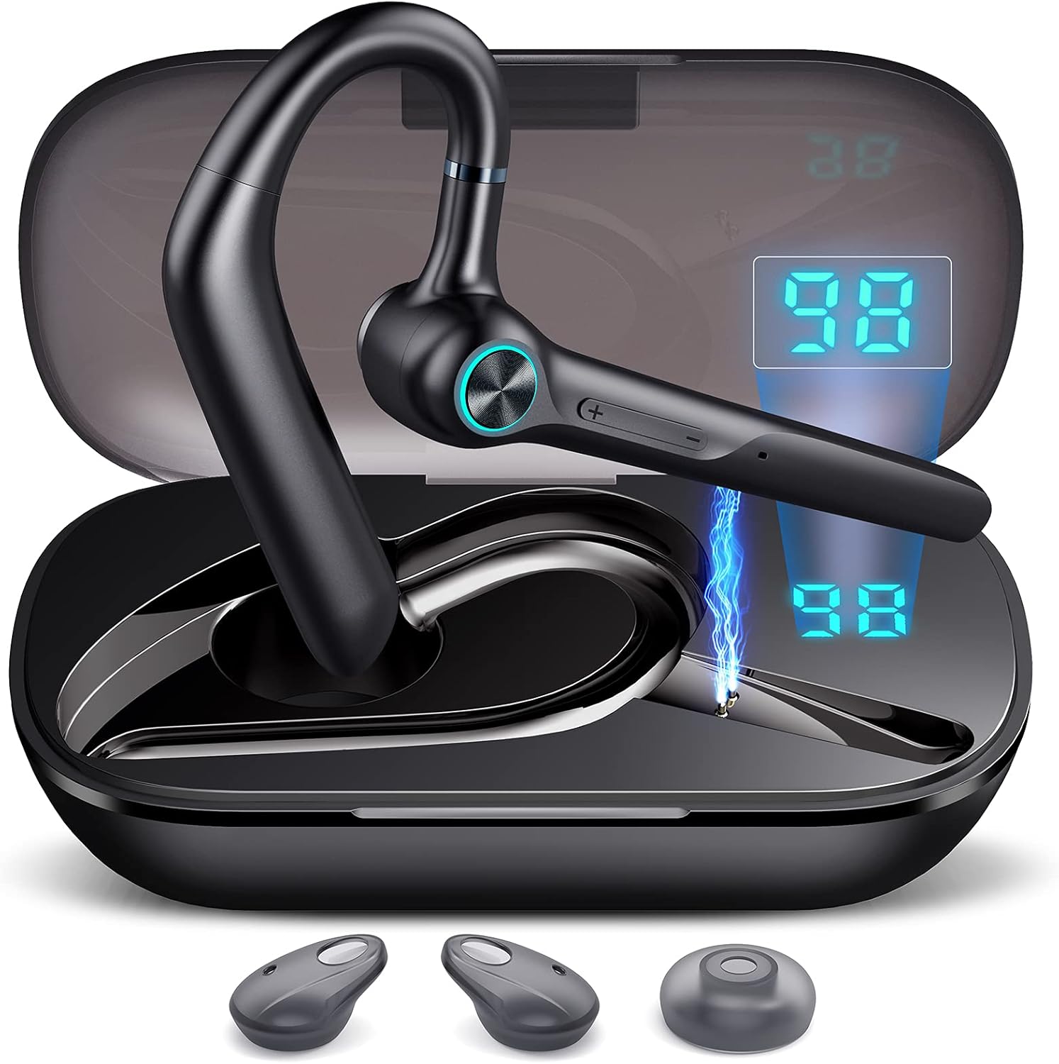 Bluetooth Headset, V5.1 Wireless Earpiece Noise Cancelling ENC Dual Microphone Clear Calls with Charging Case, LED Power Display Hands Free Bluetooth Earphone for Driving/Business/Office