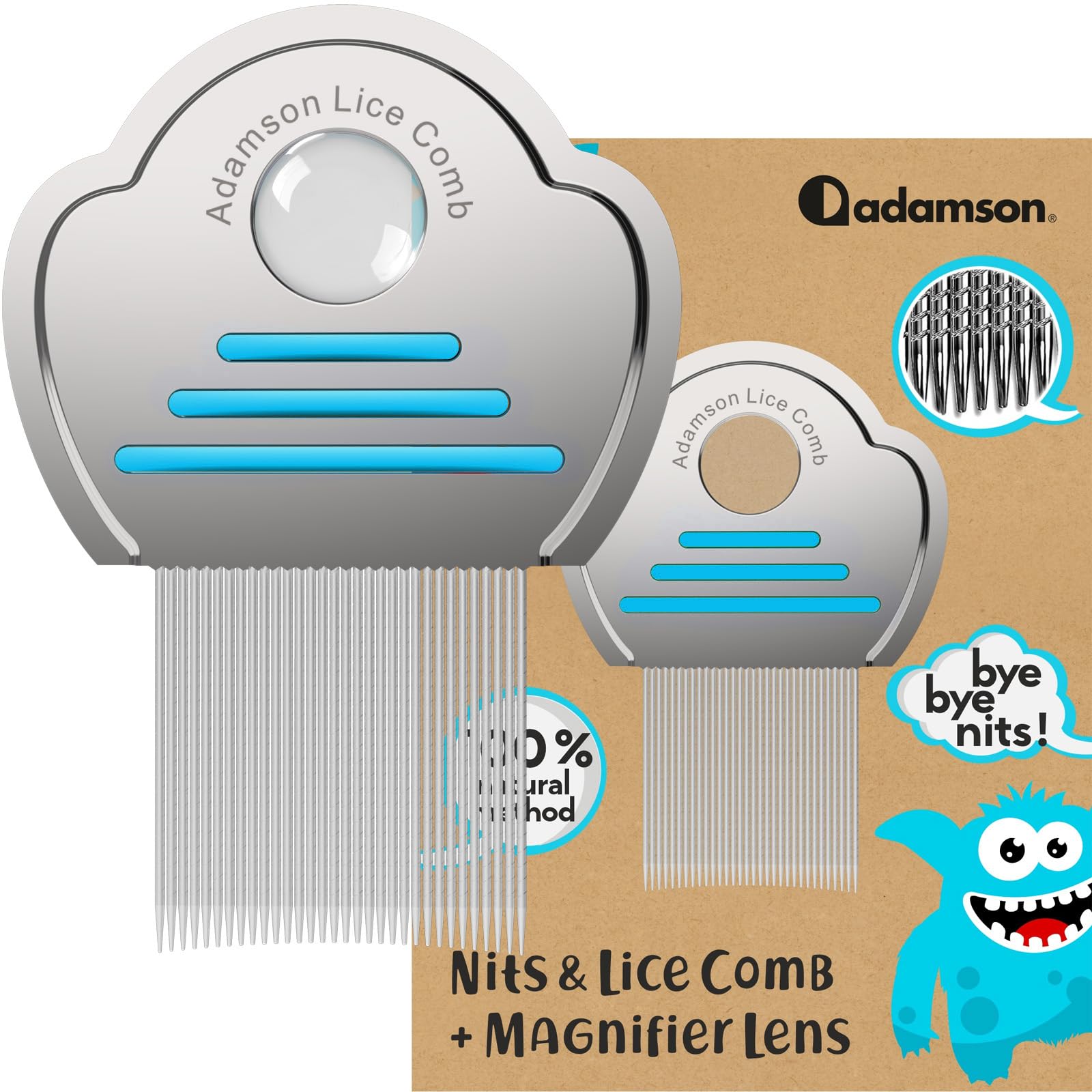 Lice Comb with Magnifying Glass - Stainless Steel - Effective Nit Comb for Thick Hair - Durable and Easy to Clean - Ideal for Kids - Cyan