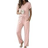 Ekouaer 2 Piece Womens Pajamas V Neck Short Sleeve Top and Long Pants Pjs Print Lounge Set Sleepwear