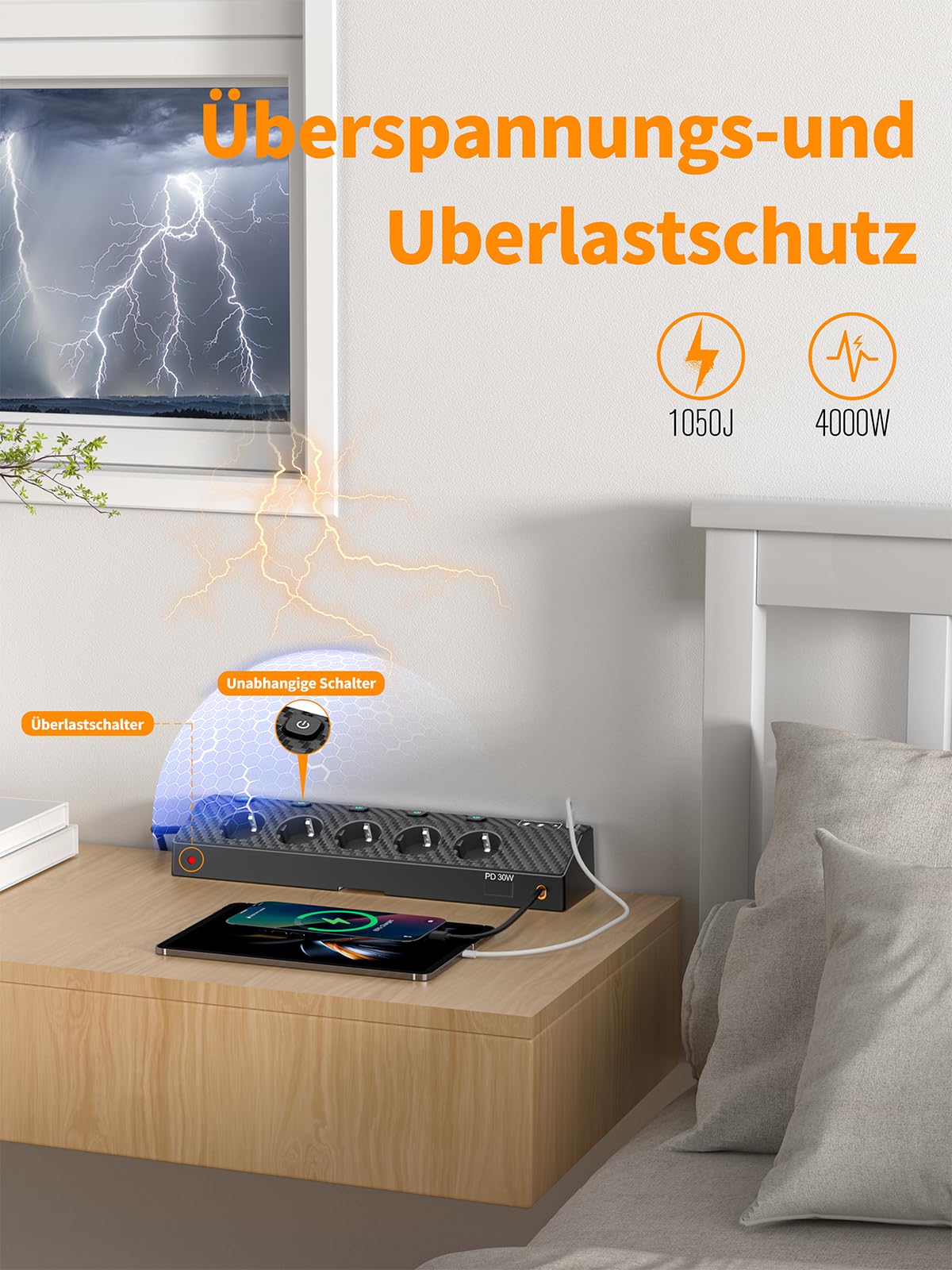 Tischsteckdose Steckdosenleiste mit 2 USB C (PD 30W), PASSUS 5 Fach Mehrfachsteckdose Schreibtisch mit Überspannungsschutz & Einzeln Schaltbar, 10-in-1 Ecksteckdose mit 2M Kabel für Büro, Schwarz 4