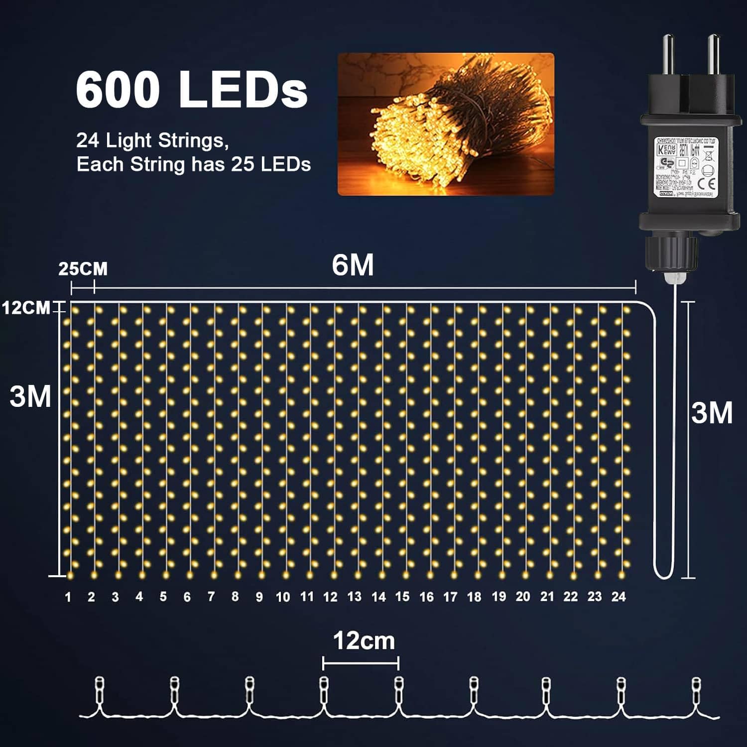 yowin Lichtervorhang 6m x 3m 600 LED Lichterketten Vorhang mit Stecker, 8 Modi Lichtervorhang Aussen Wasserdicht Wasserfall Lichterkette für Zimmer Hochzeit Garten Pergola Außen Innen Weihnachtsdeko 4