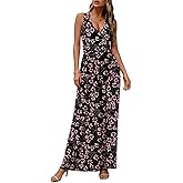 CATHY Women's Casual Sleeveless Deep V Neck Beach Waist Maxi Dresses with Pockets