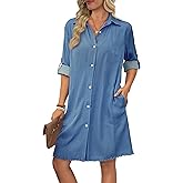 Bsubseach Women Denim Shirt Dress Long Sleeve Button Down Casual Shirt Dresses with Pockets