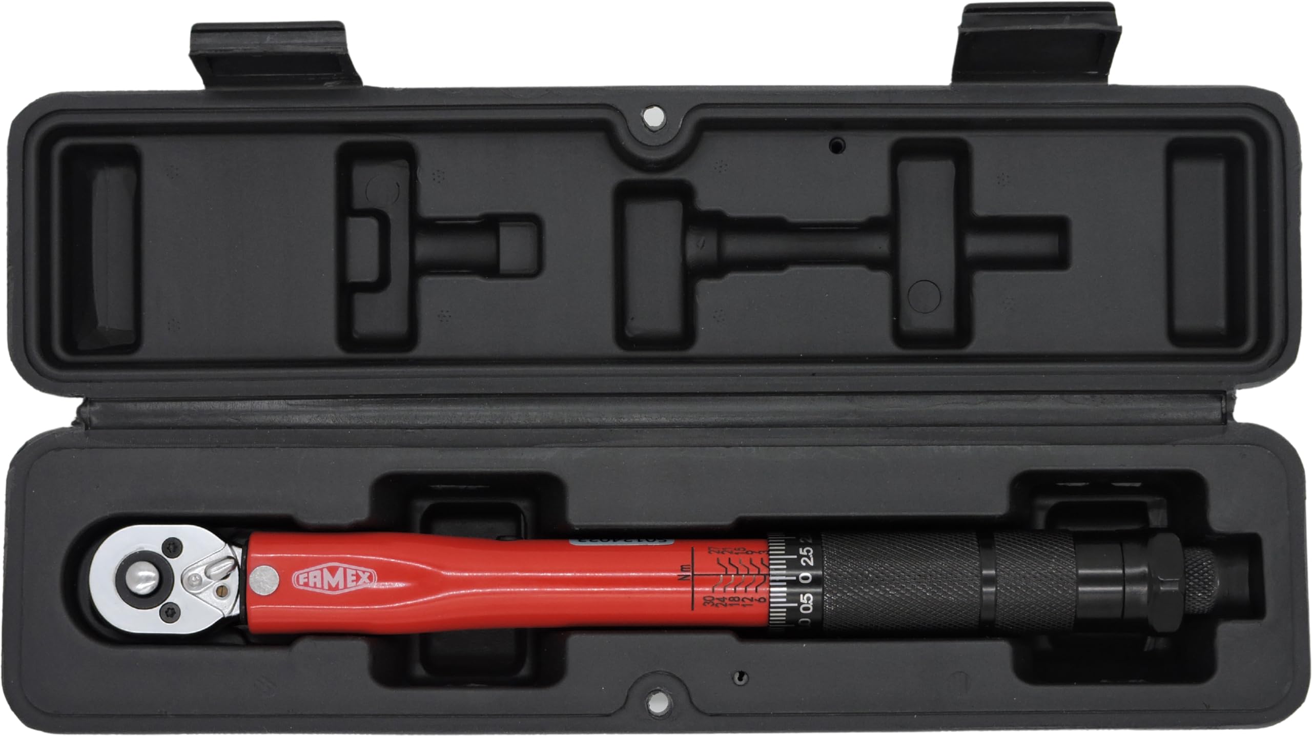 FAMEX 10878-2A Drehmomentschlüssel 1/4 Zoll (6,3mm)-Antrieb 5-30 Nm - für Messung in beiden Drehrichtungen - Fahrrad E-Bike Auto Feinmechanik, geprüft, klein + 2 Adapter 5