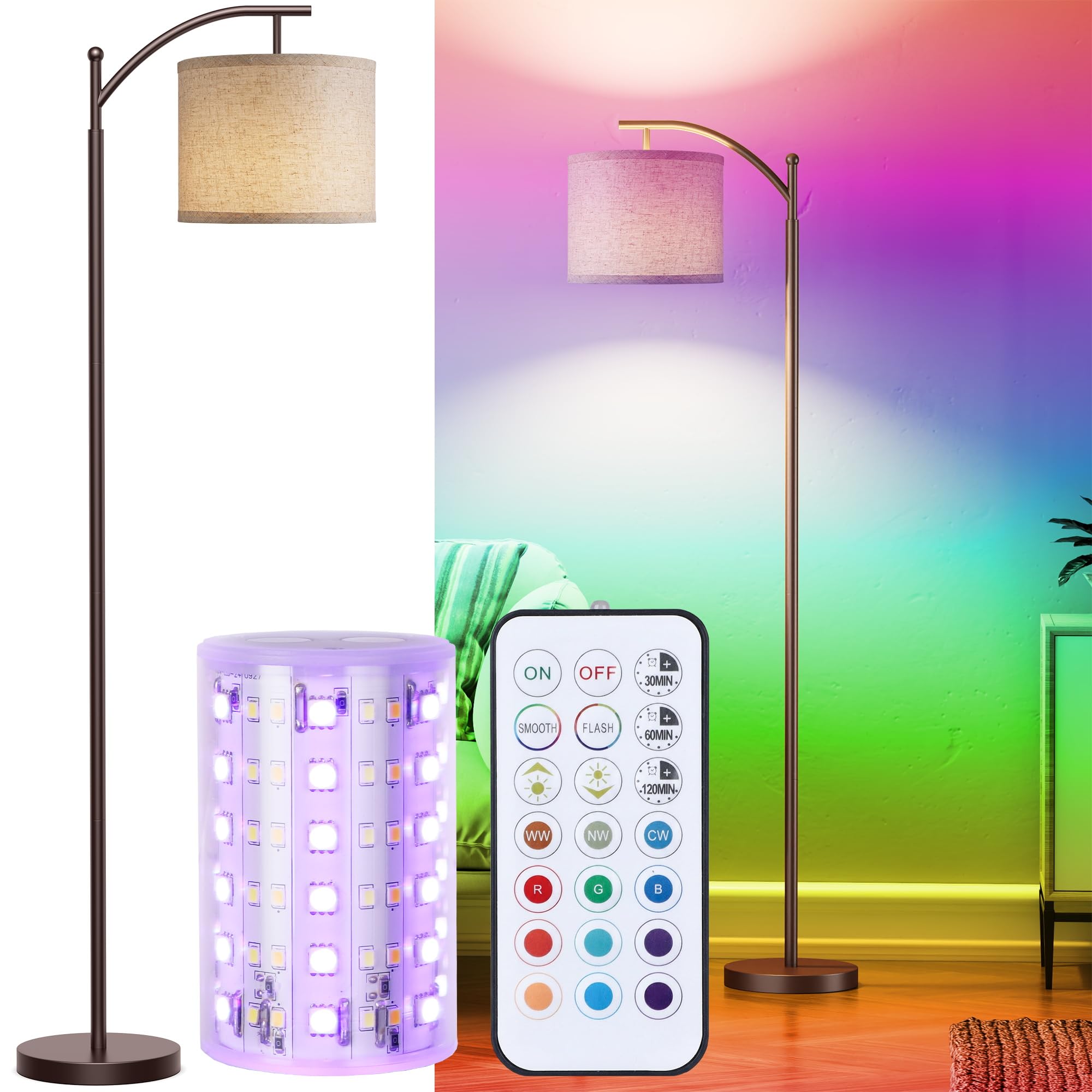 Battery Operated Floor Lamp, RGB Dimmable Cordless Standing Lamp with Remote Control for Living Room, Tall Floor Lamp for Bedroom -Brown Image
