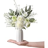 GAATEEK Small 11" Artificial Flowers in Ceramic Vase - White Green Silk Flower Centerpiece for Dining Table, Office, Wedding & Farmhouse, Home Decor Gifts