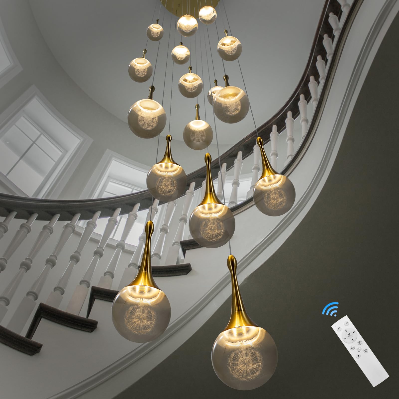 Photo 1 of GINSENGLUX Gold LED Staircase Chandelier for High Ceiling, Gold LED Dimmable Remote, Modern Crystal Teardrop Long Hanging Pendant Light for Stairwell Living Room Entryway Stair Foyer, H118in 16 Lights