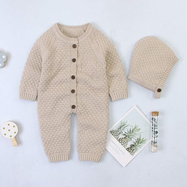 OLSCROM BABY NEWBORN KNITTED SWEATER ROMPER LONGSLEEVE OUTFIT COTTON JUMPSUIT WITH WARM HAT SET LIGHT CAMEL