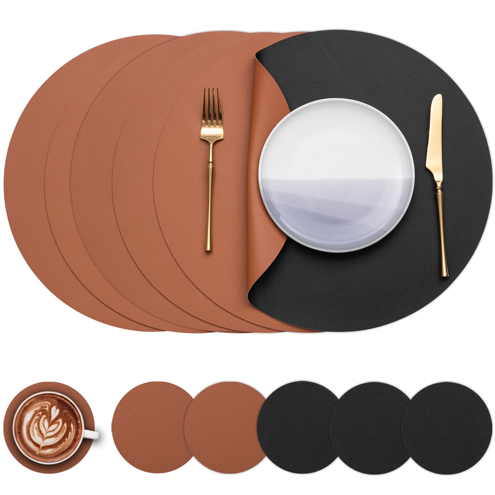 Myir JUN Round Table Placemats Set of 6 Faux Leather Place Mats and Coasters 15 inch Round Dual Sided Placemats Non-Slip Wipe Clean Stain Resistant (Black Brown,Set of 6)