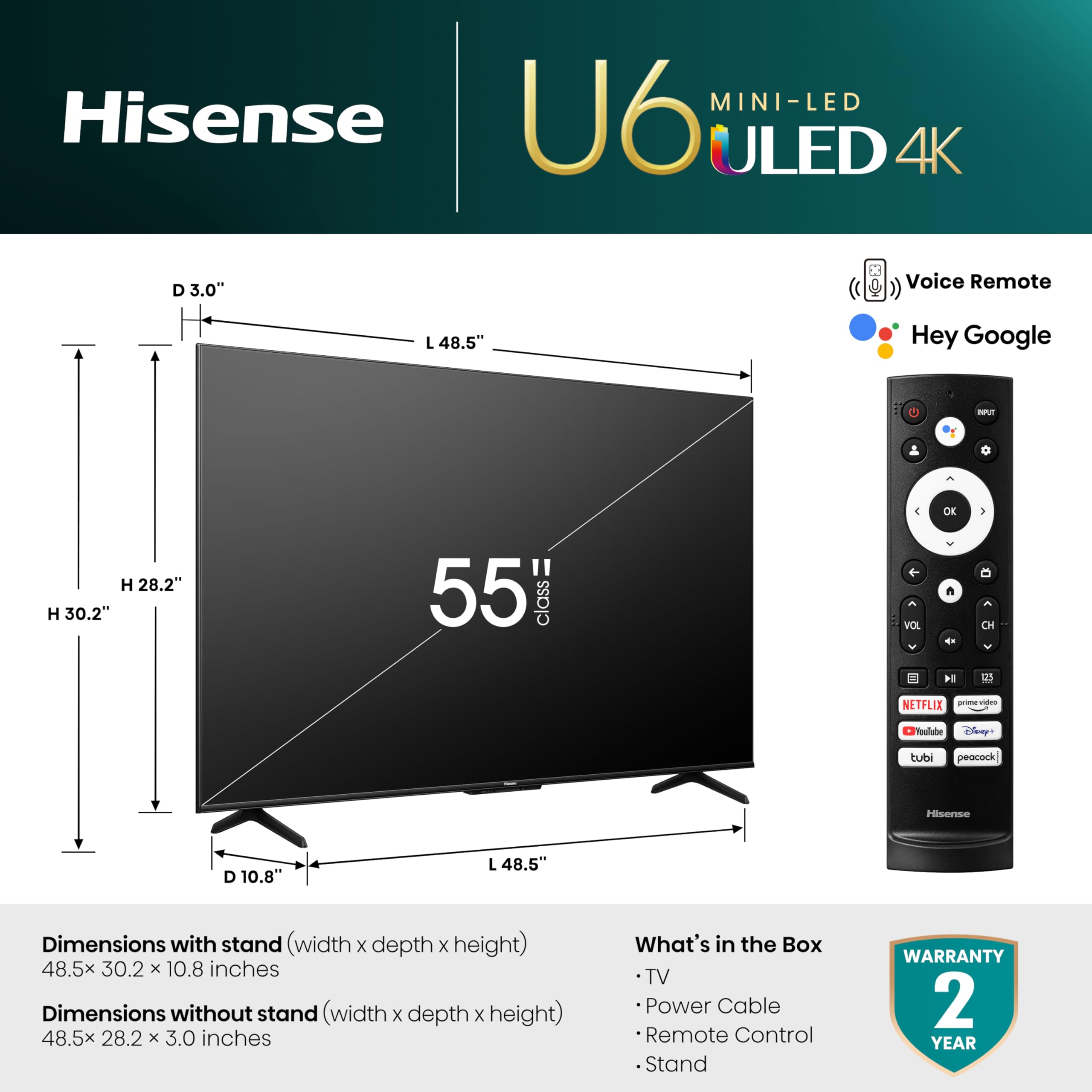 Hisense 55-Inch Class U6 Series Mini-LED ULED 4K UHD Google Smart TV (55U6K) - QLED, Full Array Local Dimming, Dolby Vision IQ，HDR 10+, VRR Game Mode Plus, 240 Motion Rate, Alexa Compatibility