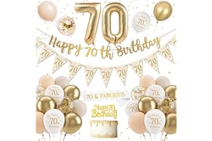 70th Birthday Decoration for Women Men, Gold White Balloons with Happy 70th Birthday Banner, Confetti Latex Balloons, Cake To