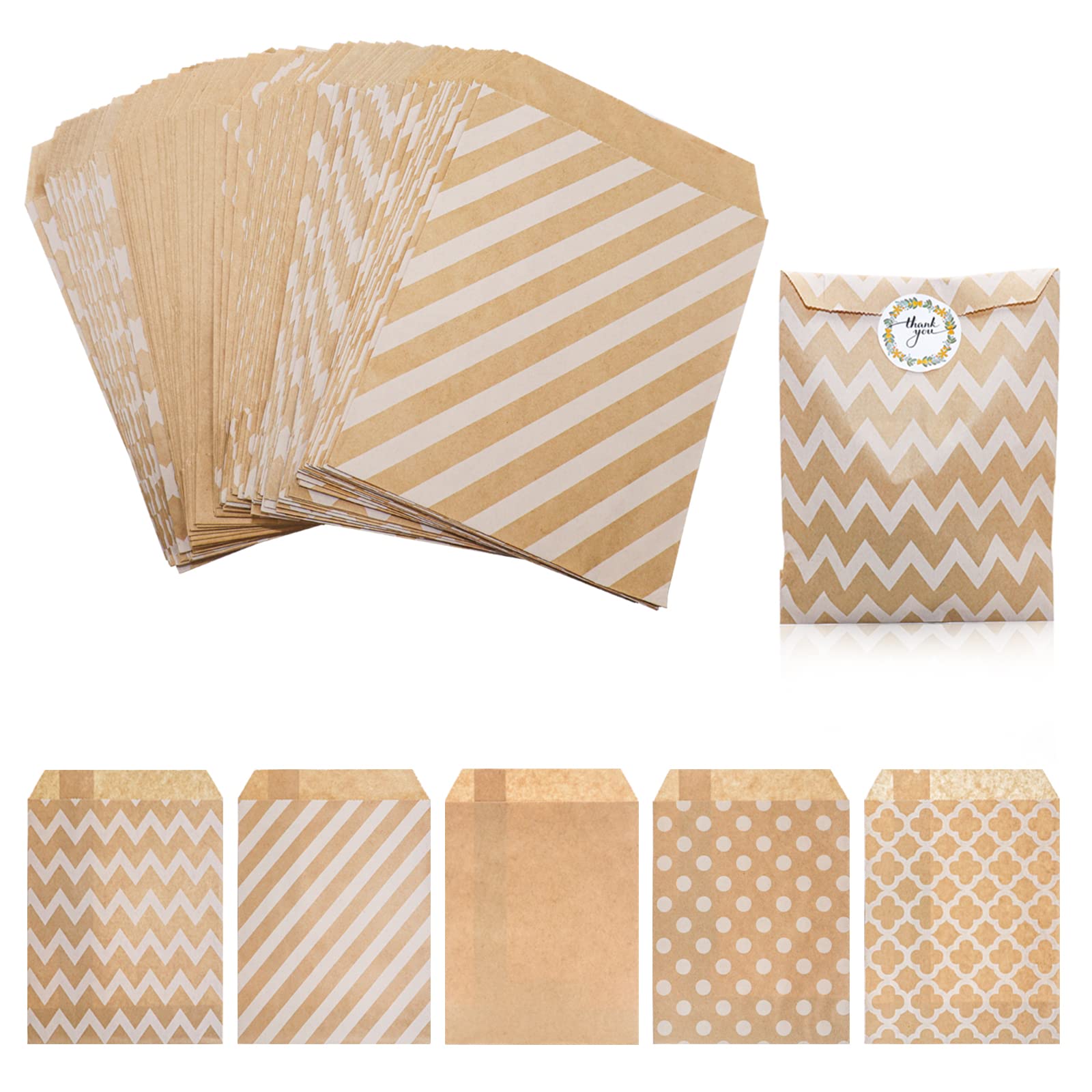 Kraft Brown Paper Sweet Bags - 100 Pack Small Paper Party Bags Flat Gift Envelopes Bags for Sweets Cookie Candy Favor